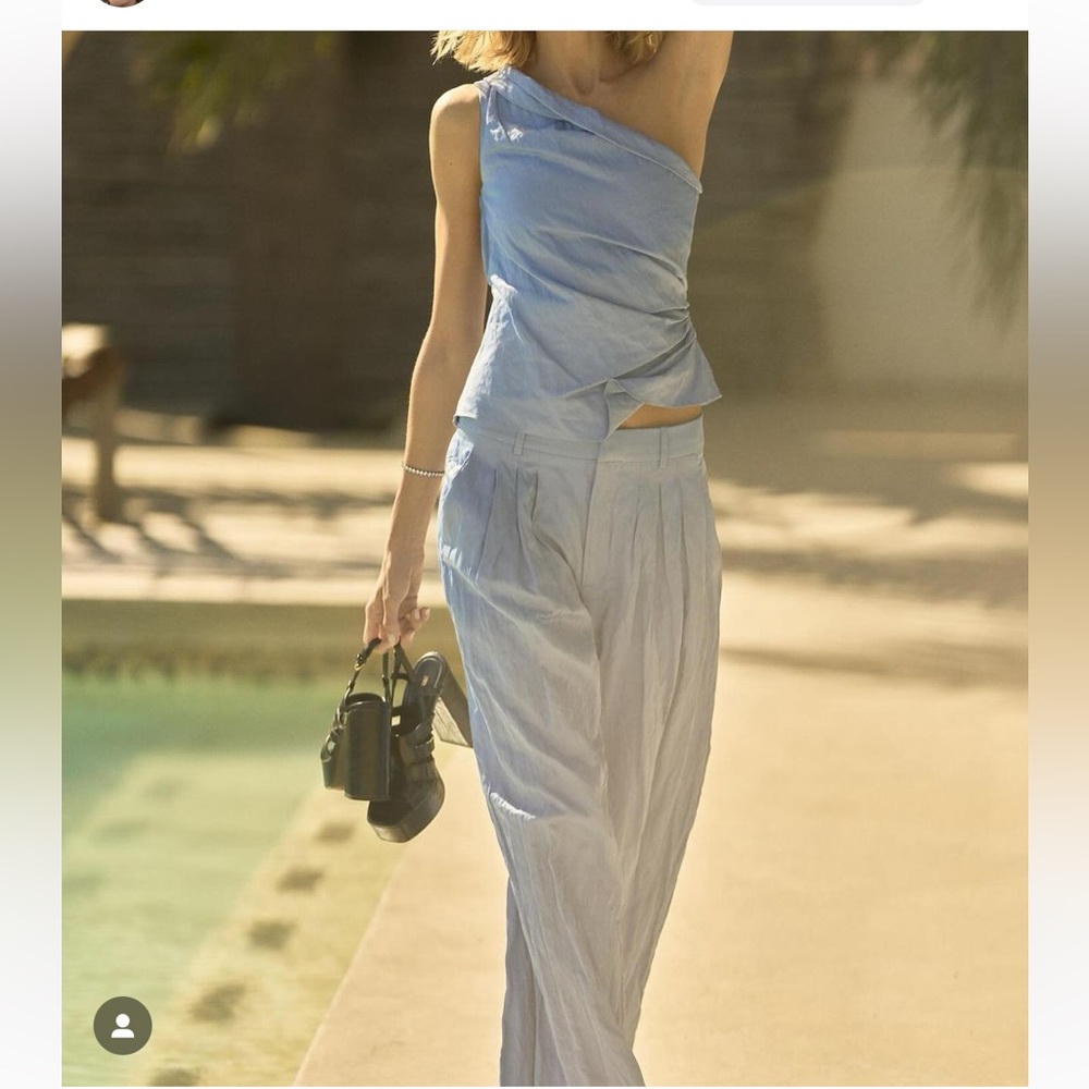 Zara Light Blue One-Shoulder Top and Wide-Leg Pants Set - Picture 3 of 16